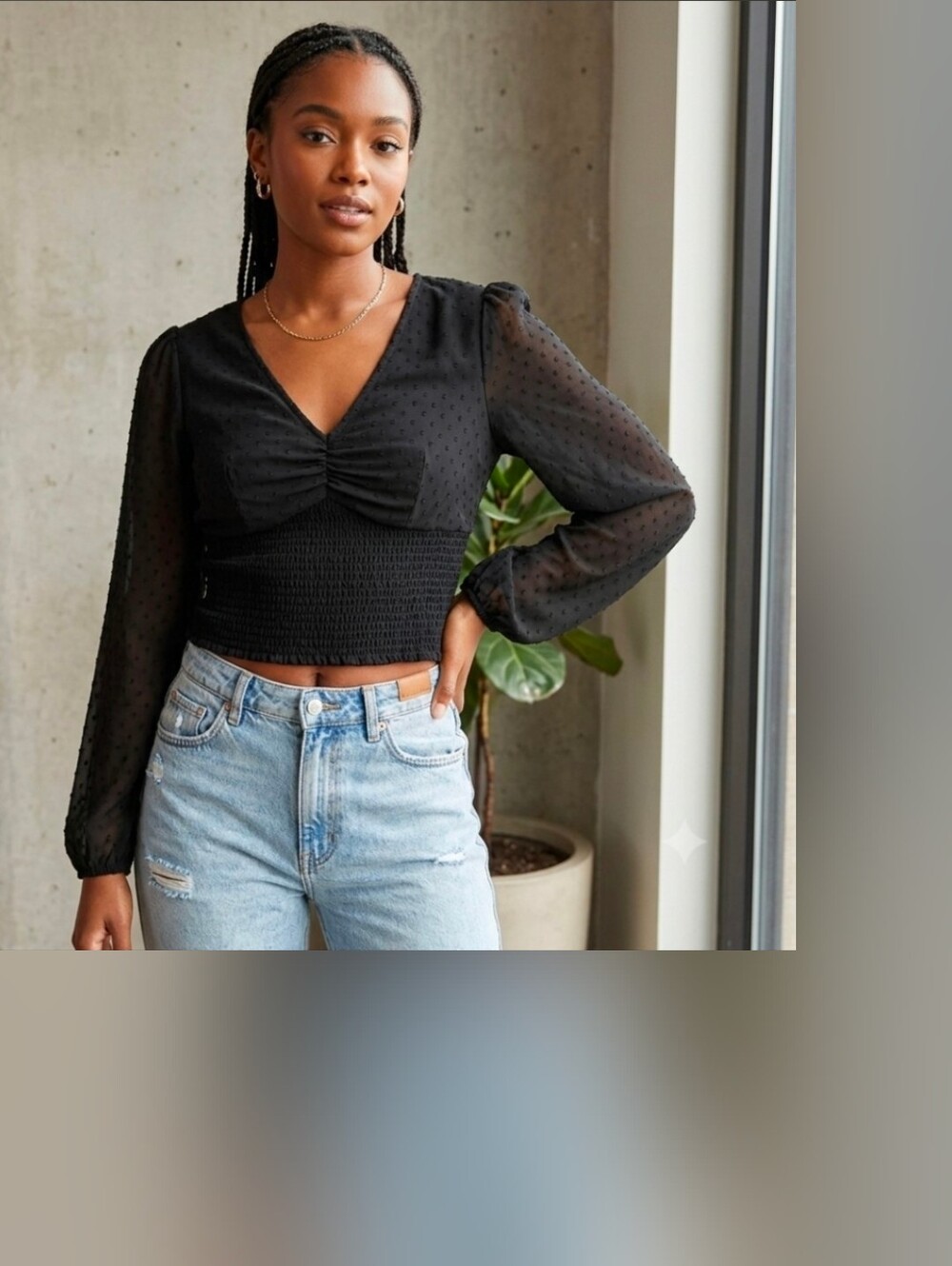Japna Black Smocked V-Neck Sheer Dot Sleeve Crop Top